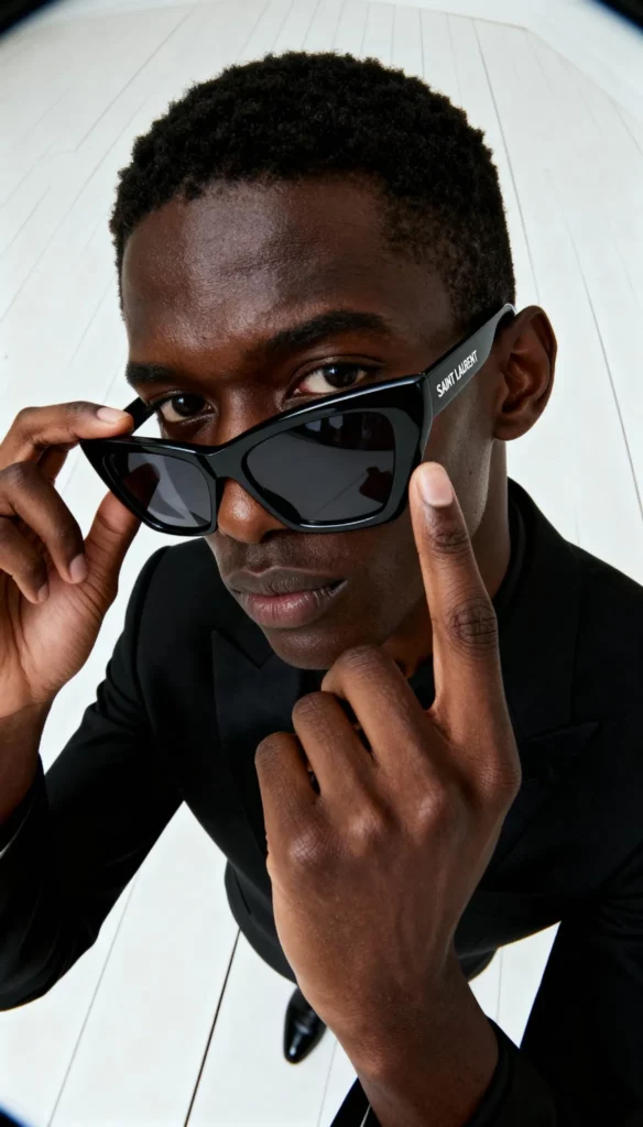 ai-pose-generator-guide-05-01 – WeShop AI Blog Fashion model in a black suit adjusting his sunglasses in a close-up editorial pose.