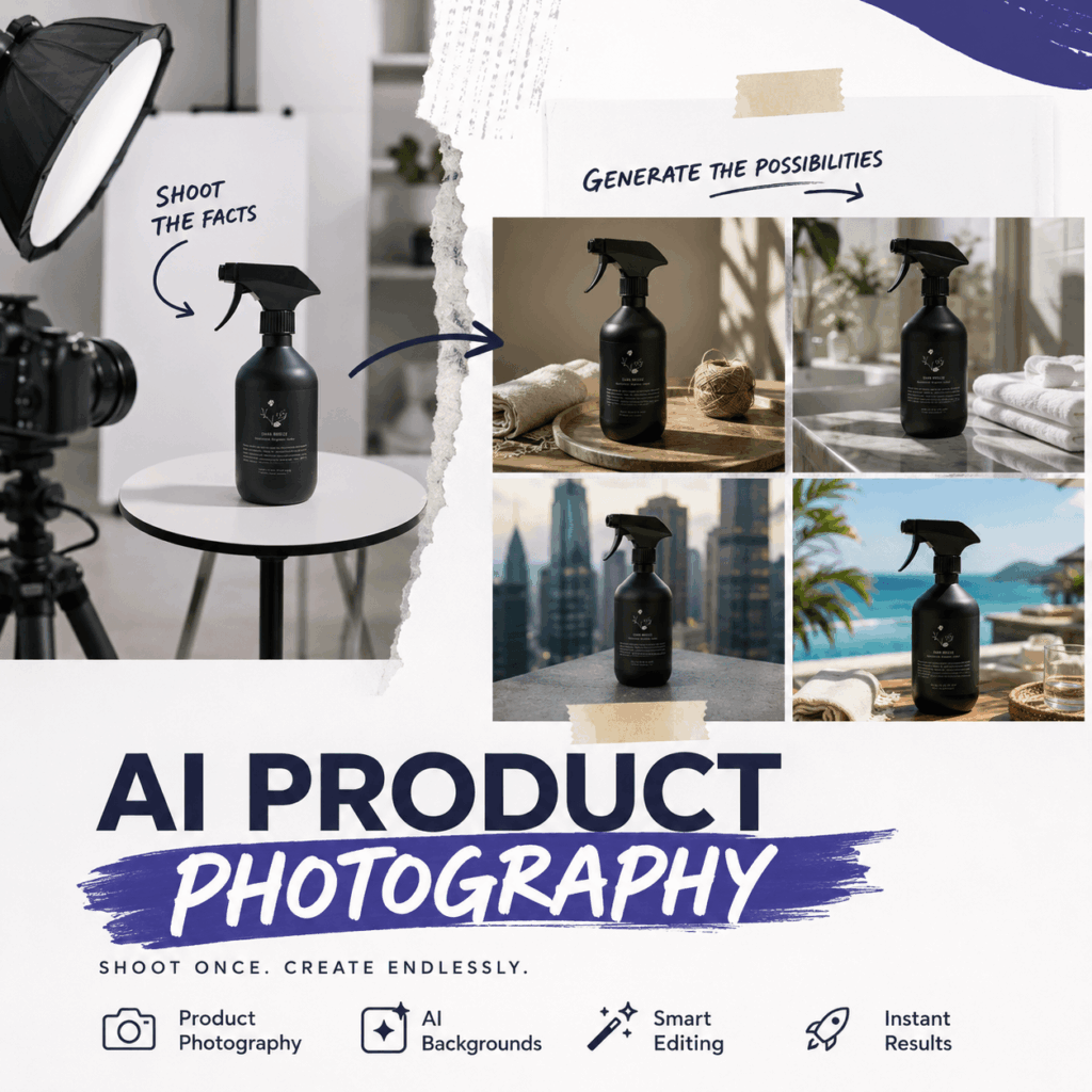 AI product photography collage showing a black spray bottle in a studio and multiple generated lifestyle settings.