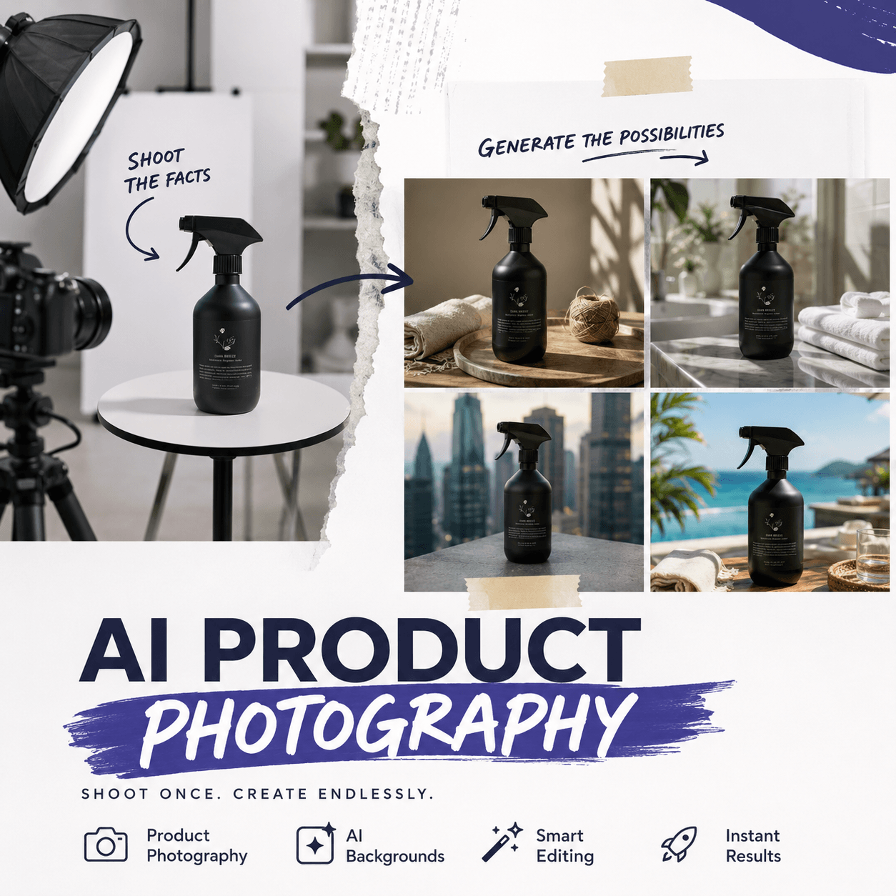 AI product photography collage showing a black spray bottle in a studio and multiple generated lifestyle settings.