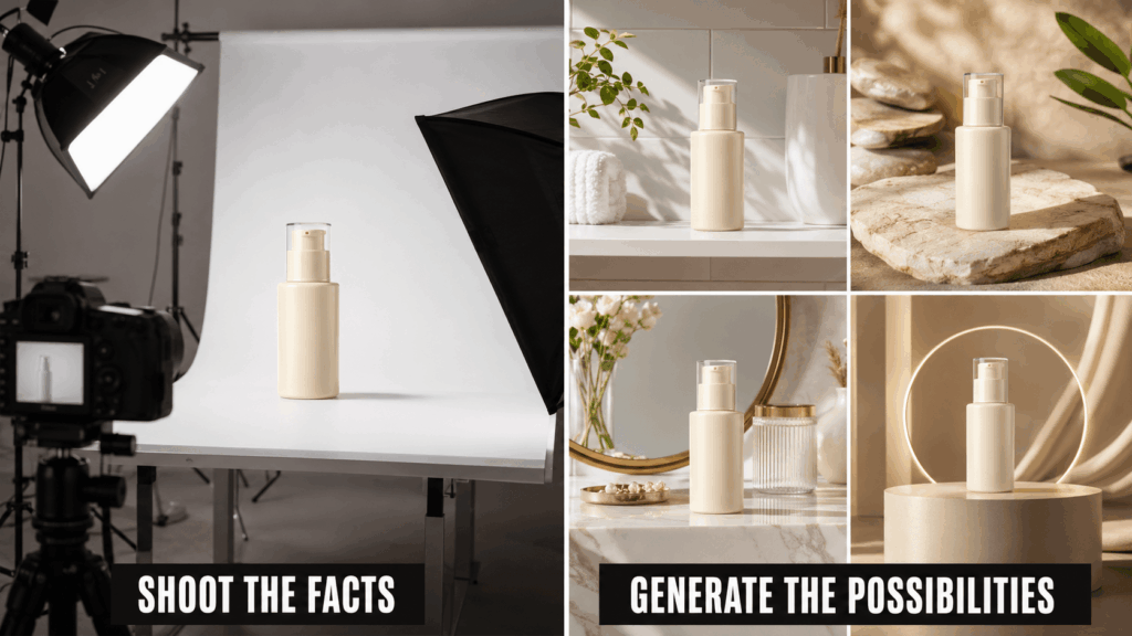 Studio product shoot beside four AI-generated lifestyle images of the same cream pump bottle.