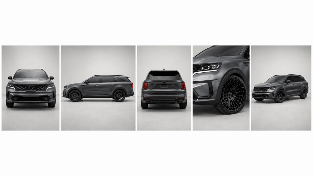 Gray SUV shown from the front, side, back, detail, and three-quarter angles on a neutral studio background.