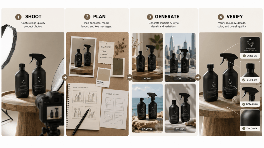 Four-step AI product workflow showing SHOOT, PLAN, GENERATE, and VERIFY with product detail checks.