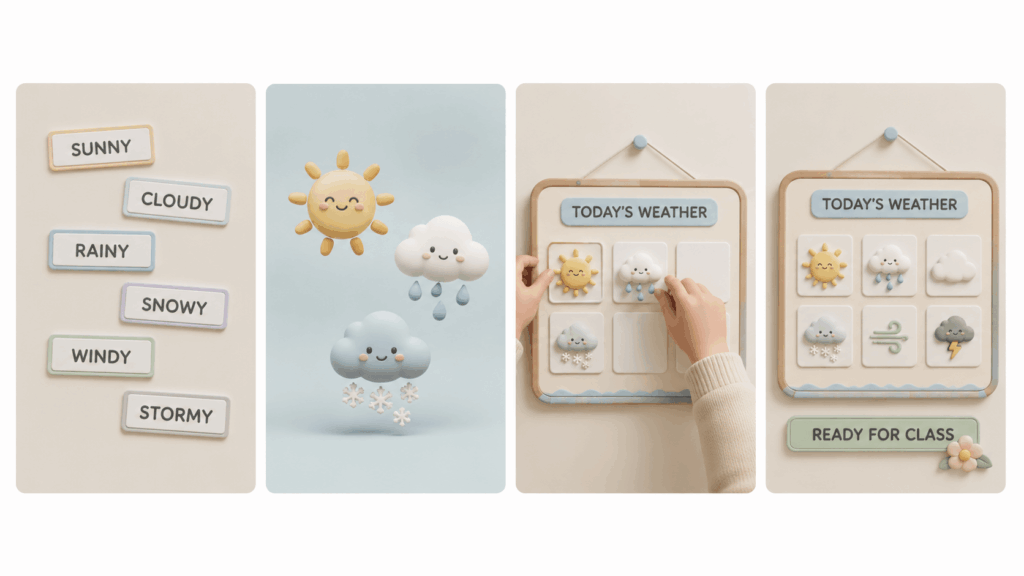 ata – WeShop AI Blog Four realistic video-style frames showing weather labels, generated clipart, board placement, and a finished classroom weather board.