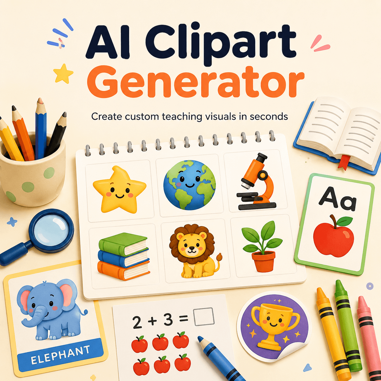 AI Clipart Generator creating colorful classroom visuals, flashcards, worksheets, and educational icons.
