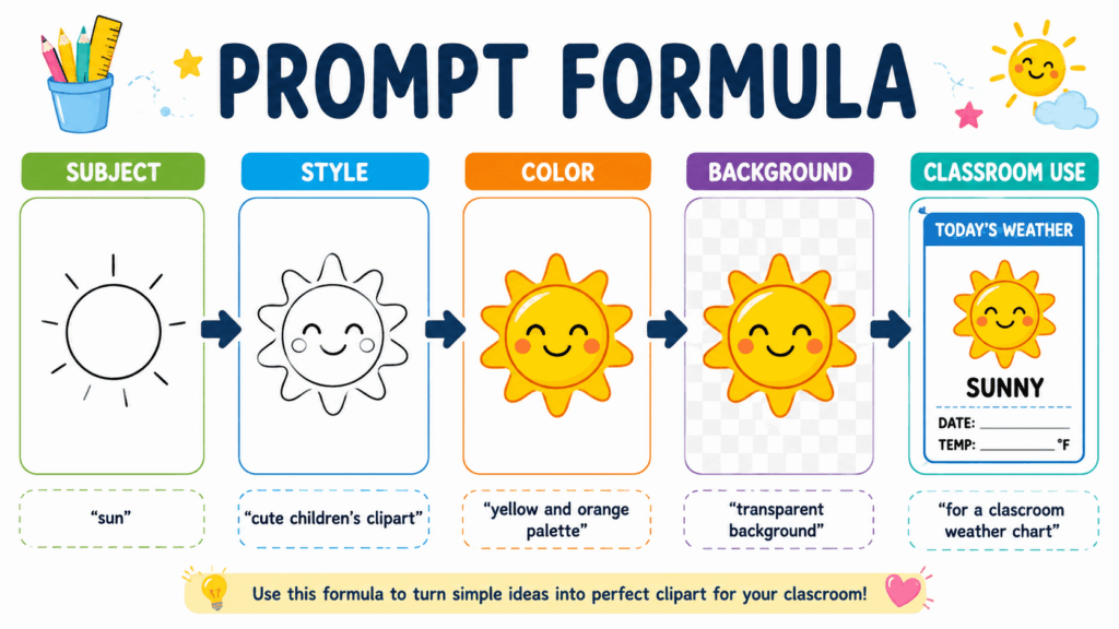 att – WeShop AI Blog Prompt formula showing how subject, style, color, background, and classroom use shape a smiling sun clipart.