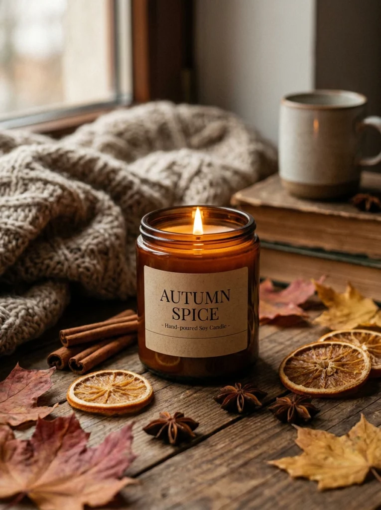 Lit autumn spice candle surrounded by dried orange slices, cinnamon sticks, fall leaves, and a cozy knitted blanket.