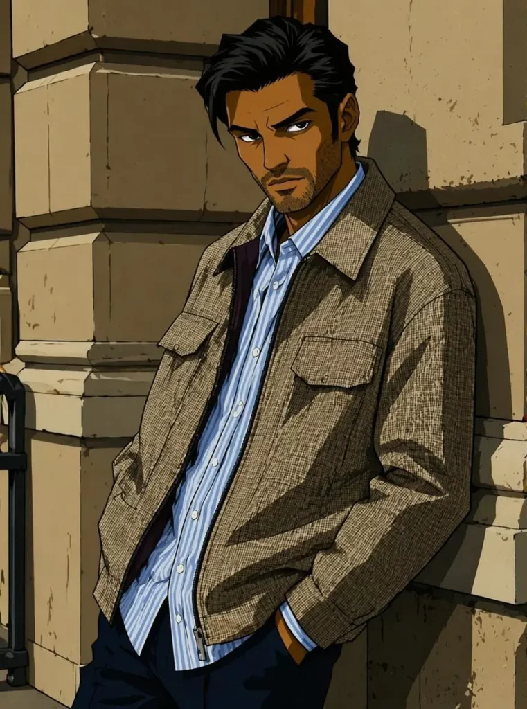 ba – WeShop AI Blog Boondocks-style cartoon man in a jacket leaning against a stone wall.