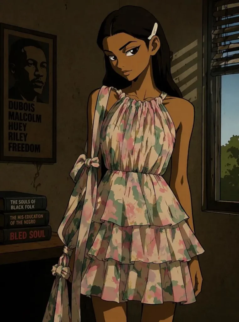 bp – WeShop AI Blog Boondocks-style cartoon woman wearing a floral dress in a moody room.