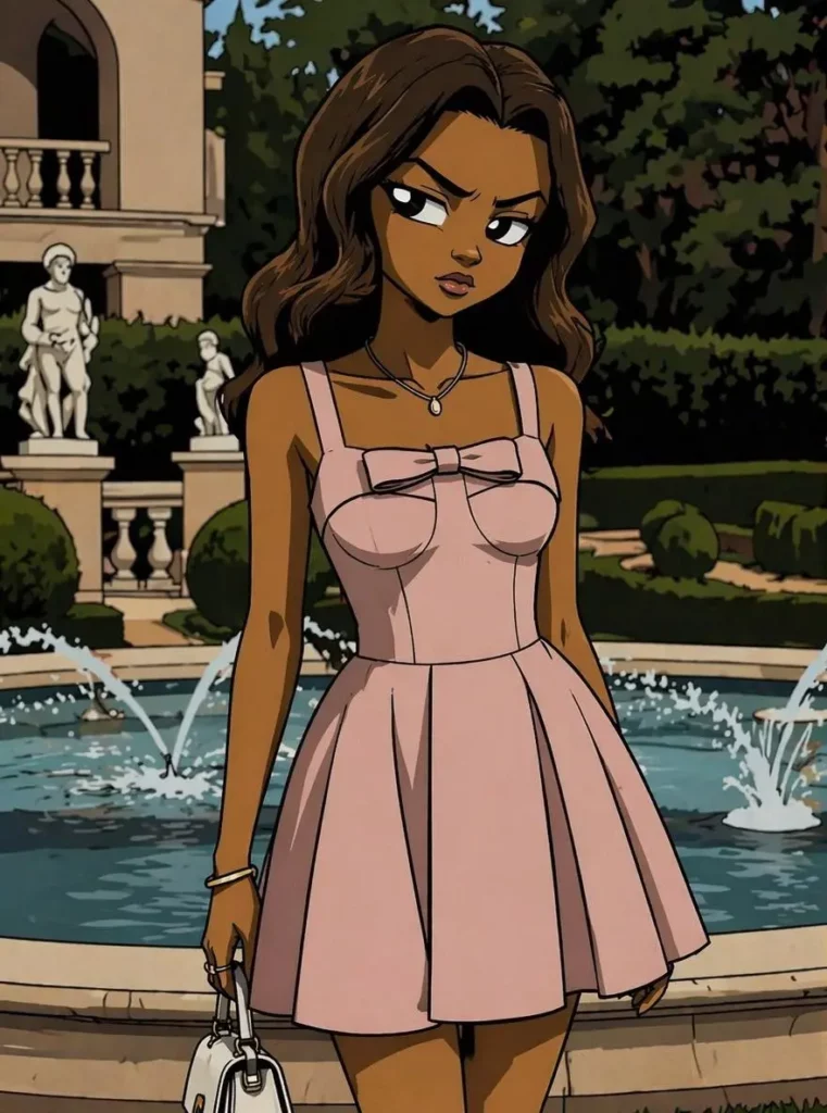 bs – WeShop AI Blog Boondocks-style cartoon woman in a pink dress standing near a fountain.