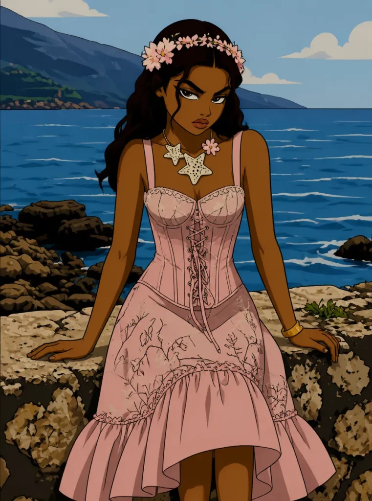 bw – WeShop AI Blog Boondocks Filter cartoon version of a woman in a pink dress by the sea.