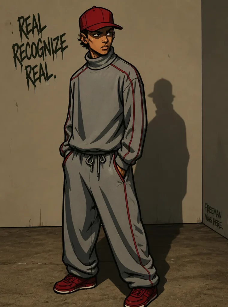 by – WeShop AI Blog Boondocks Filter cartoon version of a man in a gray tracksuit and red cap.