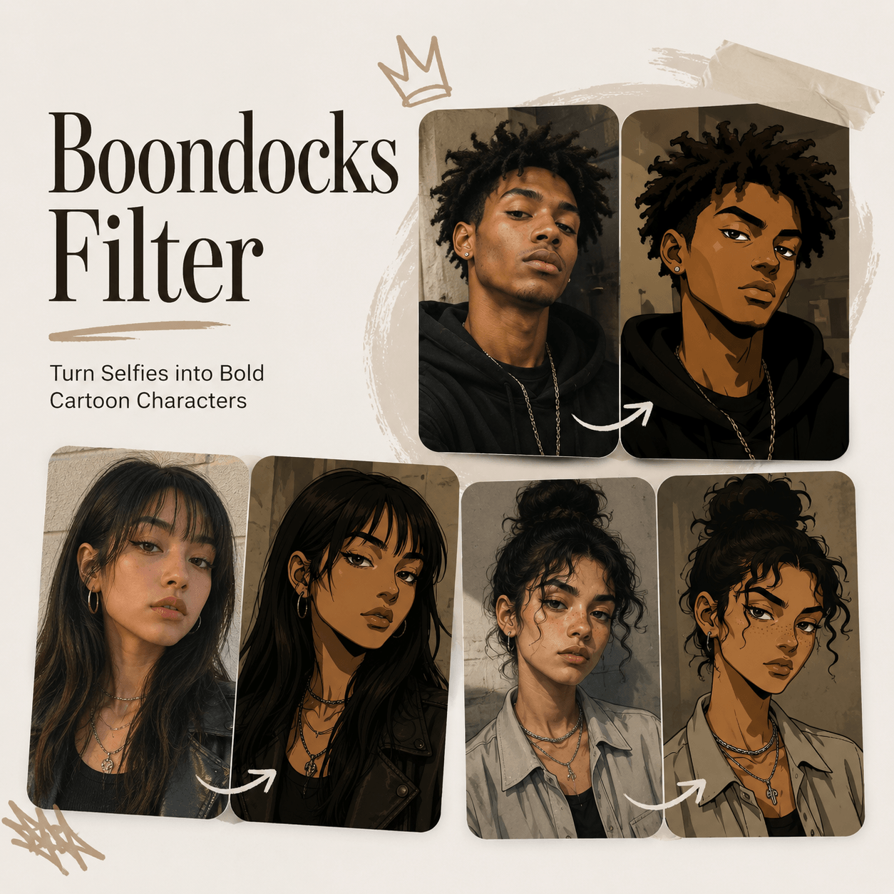Boondocks Filter hero image showing selfies turned into bold cartoon avatars.