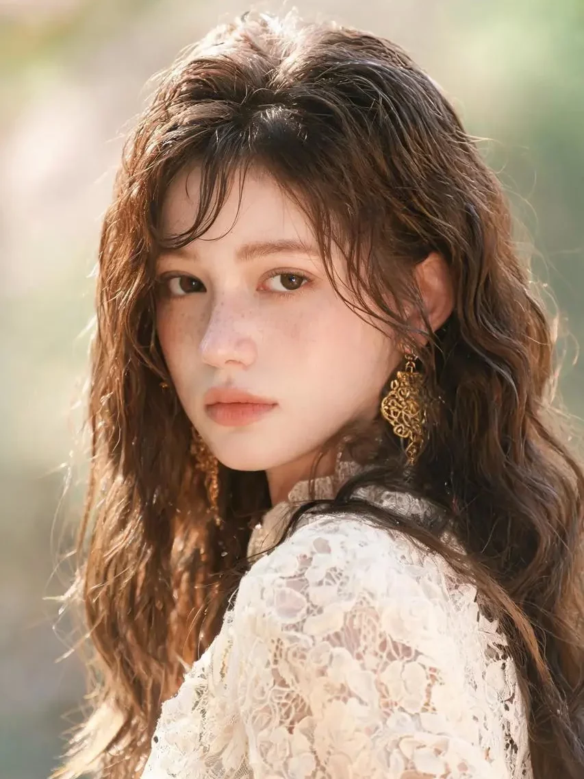 c08ba6ca-ce3f-4b9e-a16b-1ff9dc703021_853x1280png_preview – WeShop AI Blog Natural outdoor portrait of a woman wearing a white lace top in warm sunlight.