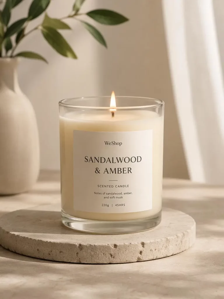 Clear glass sandalwood and amber candle displayed on a stone pedestal in a bright, minimal lifestyle setting.