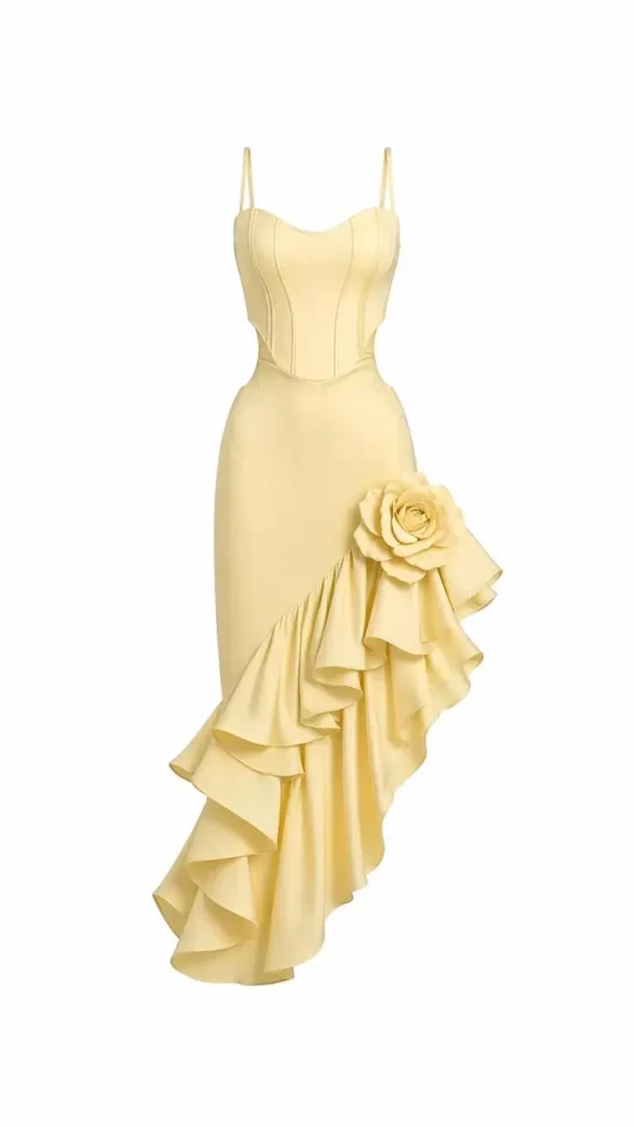 c5351fcd-090e-4f7a-b0e9-dcc4f9ffe244_720x1280png_preview – WeShop AI Blog Realistic pale yellow fitted dress created from a fashion sketch, with thin straps and layered ruffles along one side.