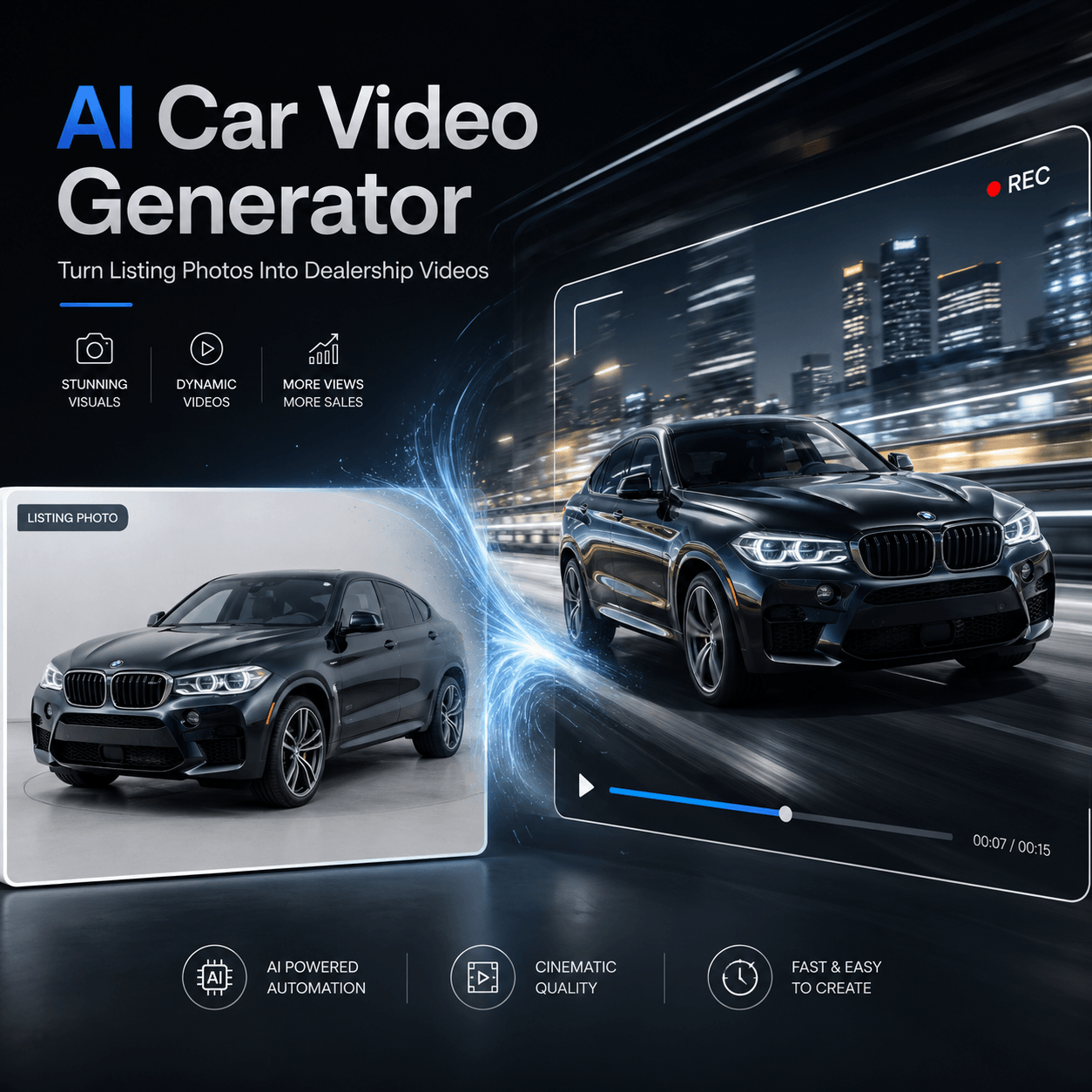 AI Car Video Generator transforming a static SUV listing photo into a dynamic dealership video