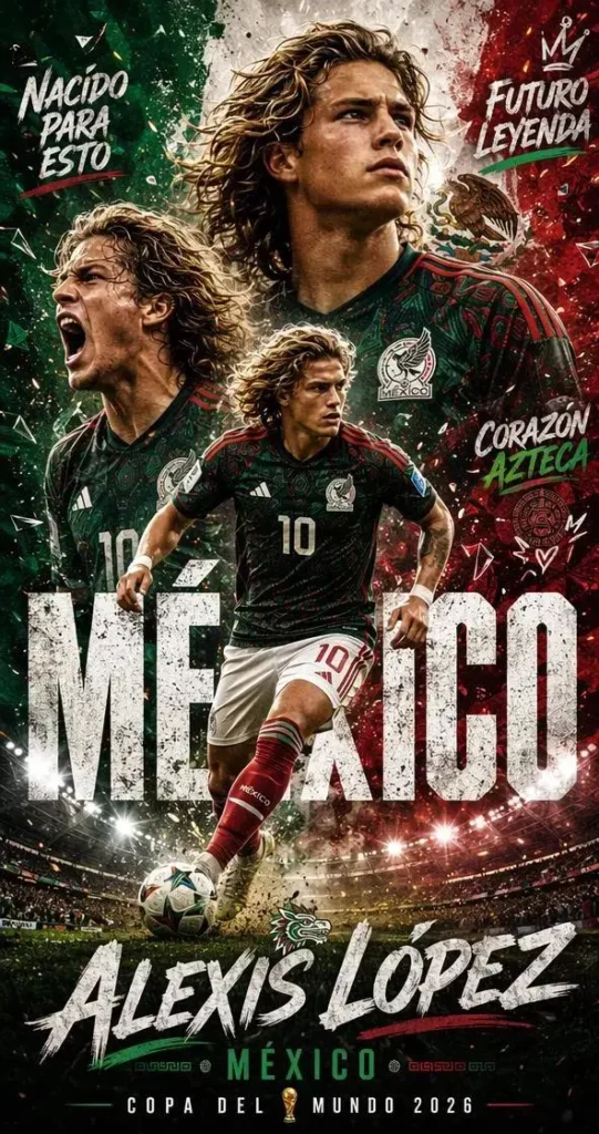 cb39bbfd-ac9e-45a9-9a0b-4c1ee8f8f45c_592x1120png_preview – WeShop AI Blog World Cup Image Generator example showing a dramatic Mexico-inspired football player poster with action shots, stadium lights, and bold sports typography.