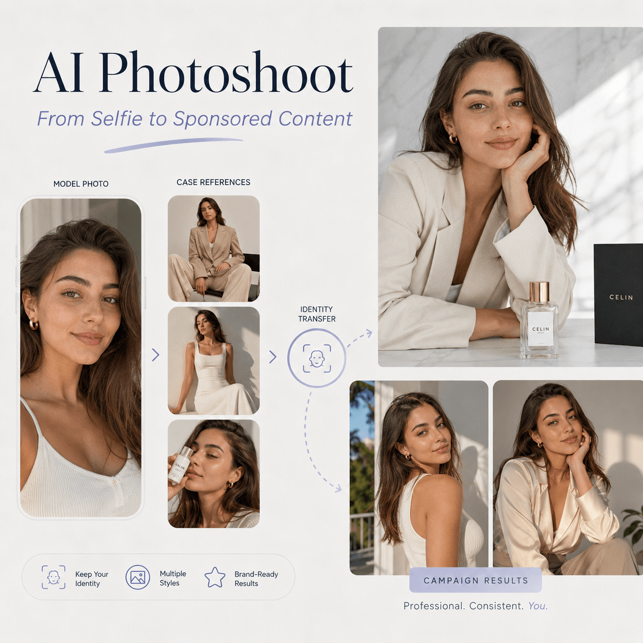 AI Photoshoot workflow showing a model photo, case references, identity transfer, and polished sponsored campaign results