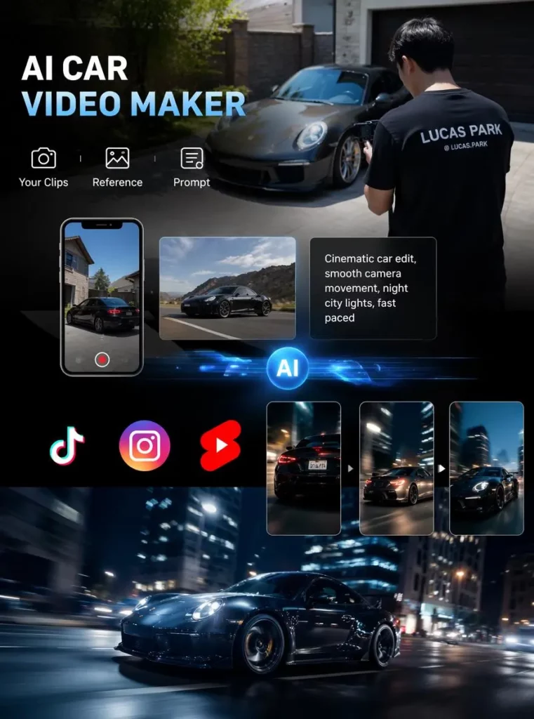 AI Car Video Generator creating cinematic car clips for TikTok, Instagram, and YouTube Shorts
