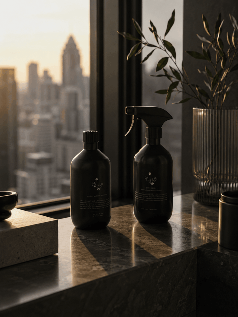 Black cleaning bottles displayed beside a high-rise window with a softly blurred city skyline.