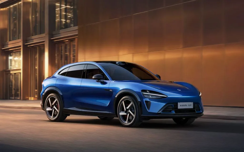 Blue electric SUV driving through a modern city street at sunset