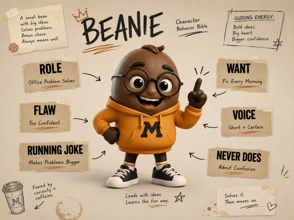 cta – WeShop AI Blog Beanie character behavior bible showing the 3D cartoon mascot’s role, goal, flaw, voice, running joke, and behavior rules.