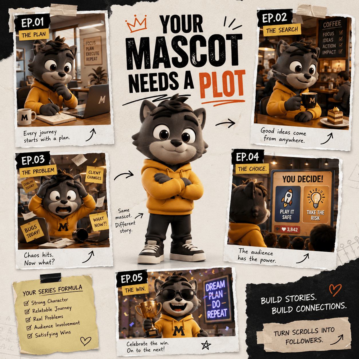 3D Cartoon AI Video series collage featuring one mascot across five connected episodes, from planning and chaos to audience choice and celebration.