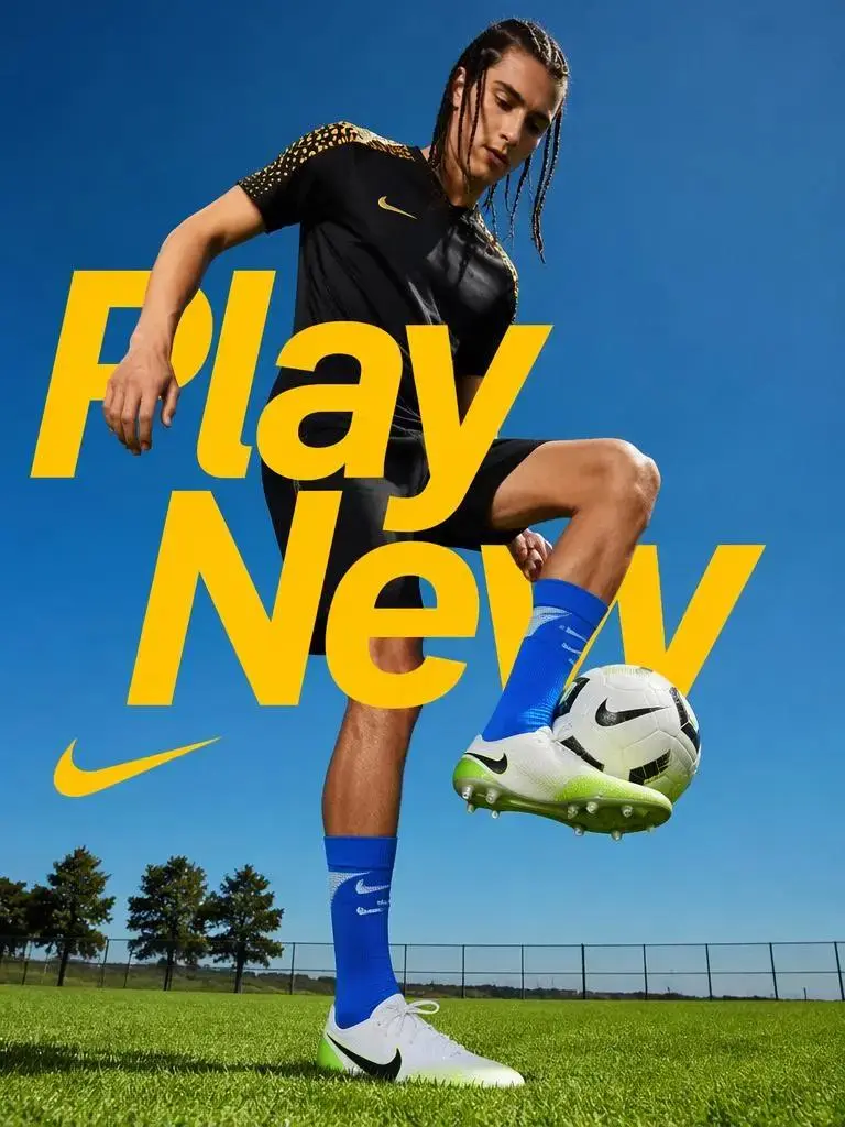 cupt – WeShop AI Blog Football player posing with a soccer ball in a bold blue and yellow sports poster.