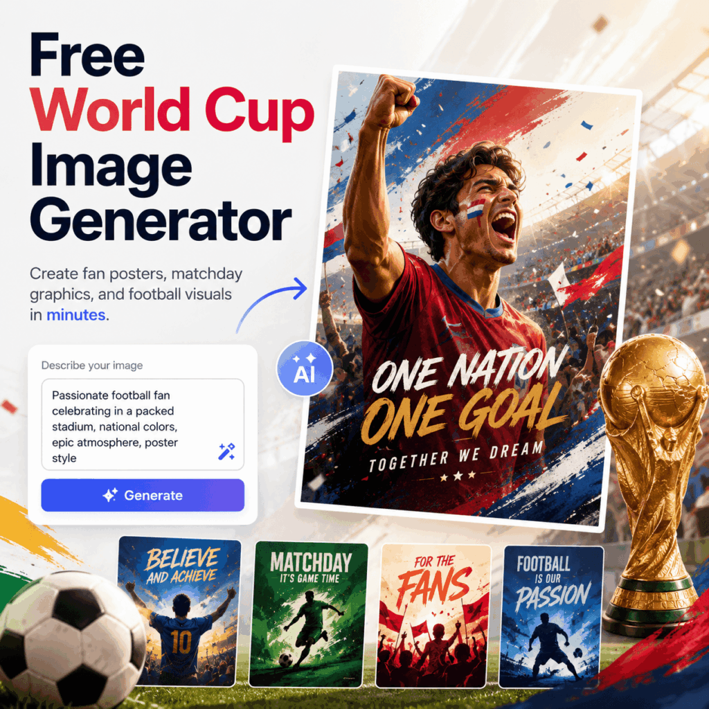 Free World Cup Image Generator for Football Posters – WeShop AI Blog Free World Cup Image Generator hero image with AI prompt, football poster, trophy, and matchday graphics.