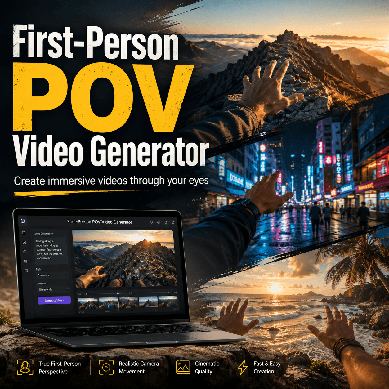 First-Person POV Video Generator creating immersive mountain, city, and beach videos from a first-person perspective.