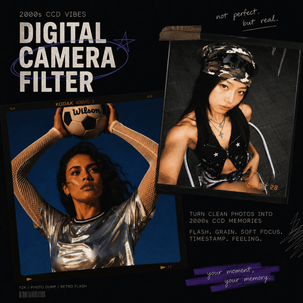 Digital Camera Filter 2000s CCD Memories – WeShop AI Blog Digital Camera Filter hero image with 2000s CCD photo collage