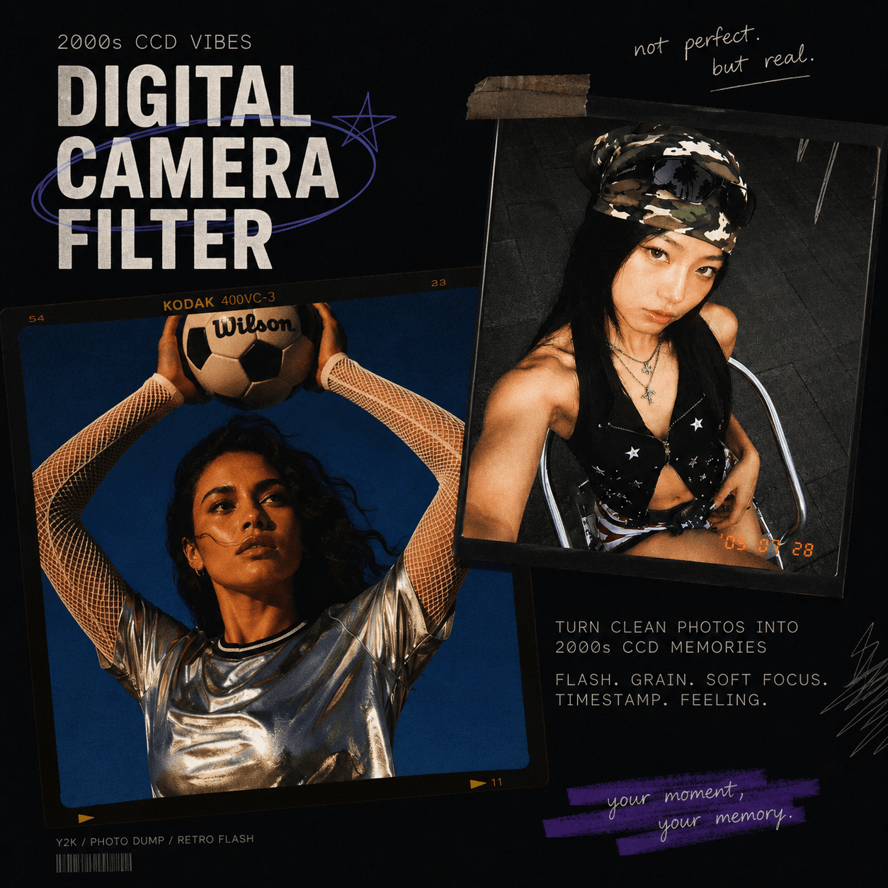 Digital Camera Filter hero image with 2000s CCD photo collage