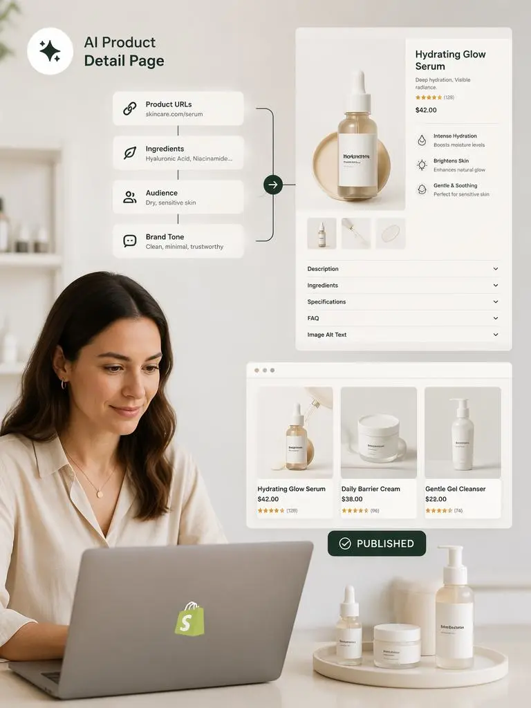 de71f2ae-2921-4b7b-9abd-d64bf709d381_768x1024png_preview – WeShop AI Blog AI Product Detail Page workflow showing a skincare seller creating structured product content for an online store