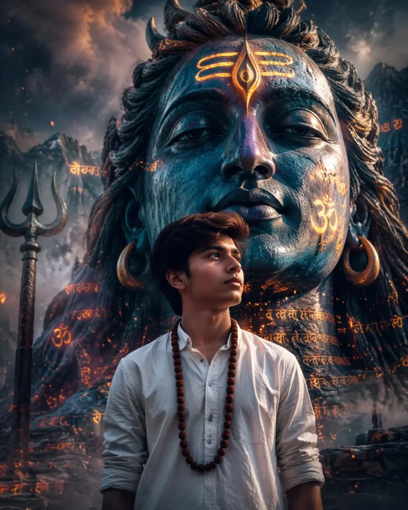 dff0f6f5-7b30-40f0-abfd-40079a592ce0_1024x1280png_preview – WeShop AI Blog Young Indian man wearing Rudraksha beads standing before a towering blue Mahadev statue with glowing symbols and a Trishul, created with the Seen Mahadev Generator.