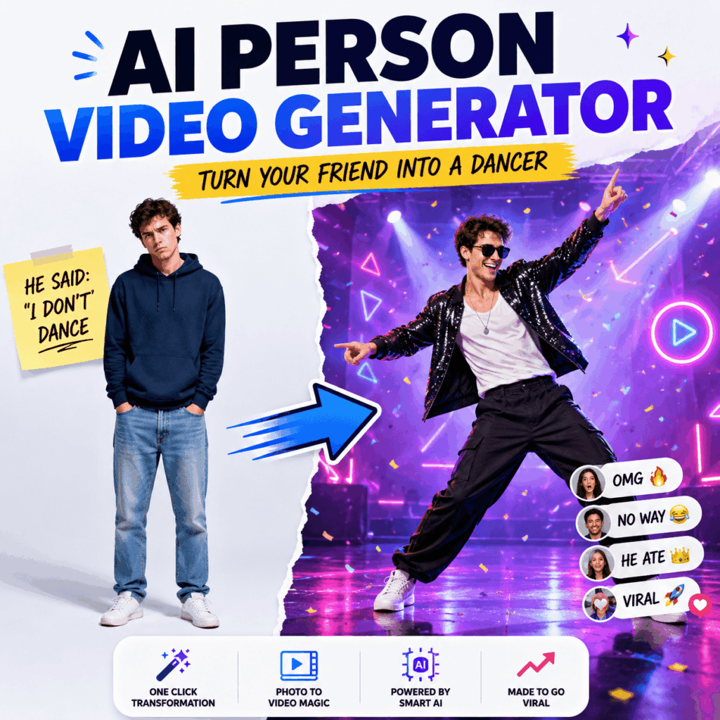 AI Person Video Generator transforms a serious friend into a confident dancer on a colorful stage.