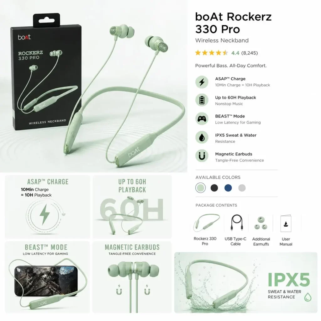 boAt Rockerz 330 Pro wireless neckband product page showing battery life, charging, gaming mode, magnetic earbuds, water resistance, and package contents.
