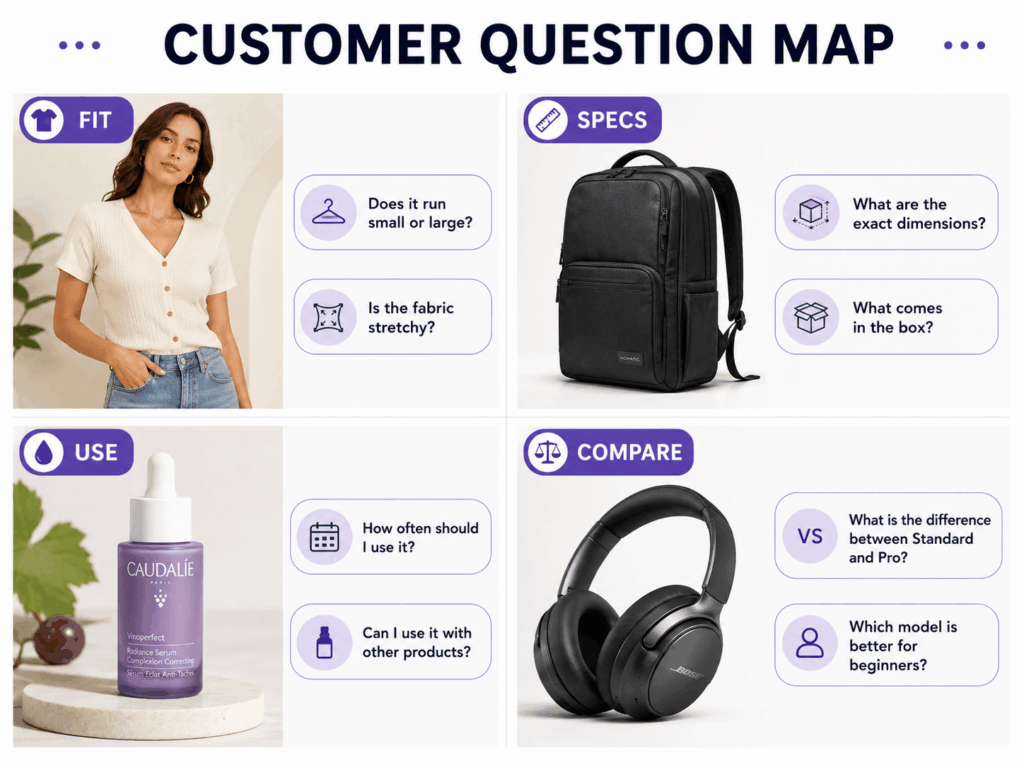 Customer question map organizing fashion fit, backpack specifications, skincare use, and headphone comparison questions into four categories.