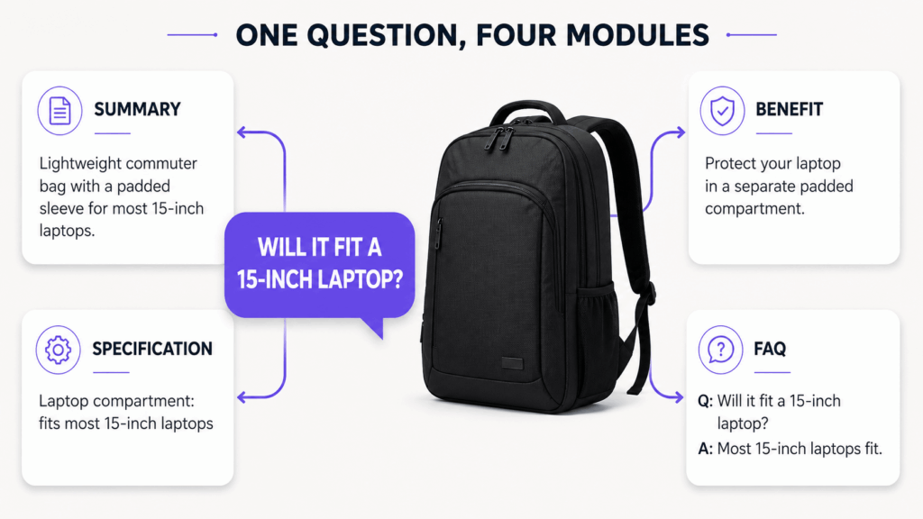 Commuter backpack surrounded by summary, benefit, specification, and FAQ modules answering whether it fits a 15-inch laptop.