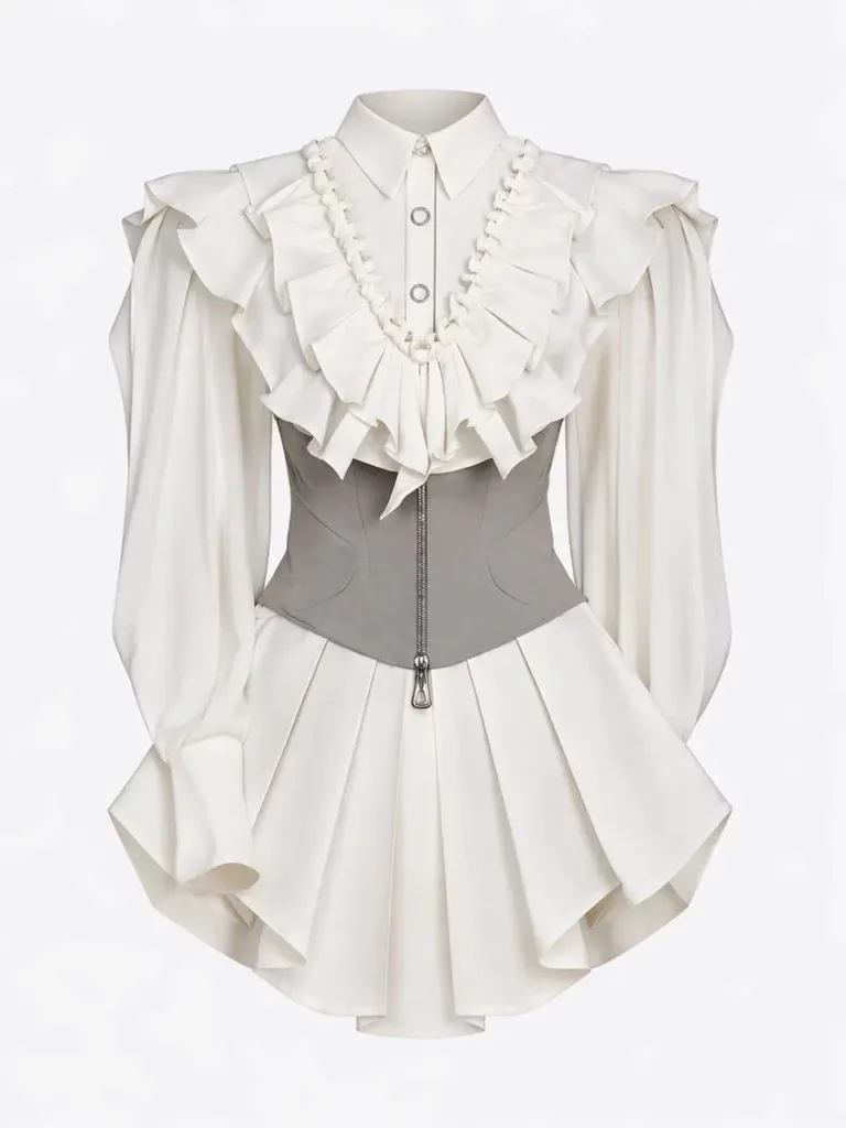 e729f359-31d1-429c-82d8-024476b7b733_960x1280png_preview – WeShop AI Blog Realistic white ruffled fashion outfit created from a sketch, featuring structured shoulders, long sleeves, and a fitted gray waist panel.