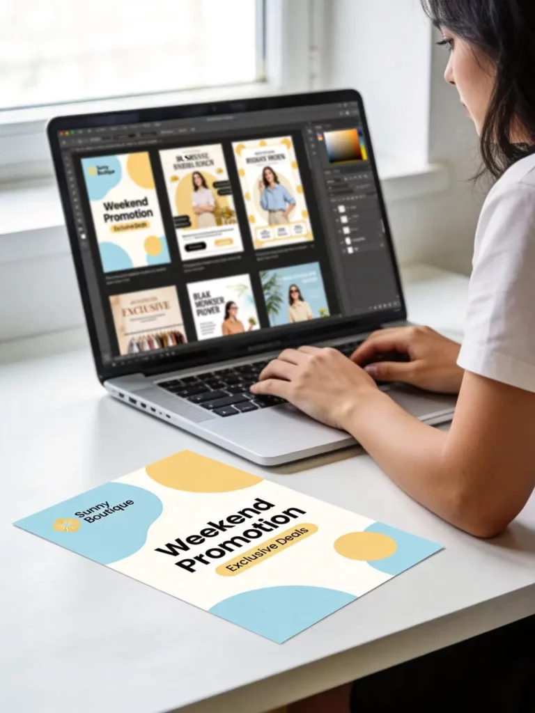 e908dbaf-8cc5-49b8-8a76-0e68e4d1eb72_960x1280png_preview – WeShop AI Blog Small business owner using AI Flyer Maker to design a weekend promotion flyer on a laptop with a printed version on the desk.