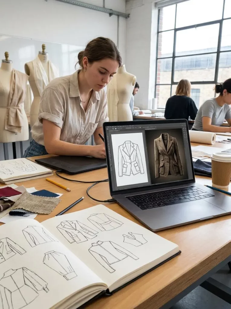 ebd708df-b28f-40b7-89c9-7ea748fcecff_896x1200png_preview – WeShop AI Blog Fashion designer reviewing clothing sketches and a realistic garment concept on a laptop in a bright design studio.
