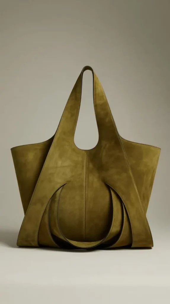 Olive green sculptural tote bag with a tall handle, soft suede-like texture, curved cutout details, and a minimal studio background.
