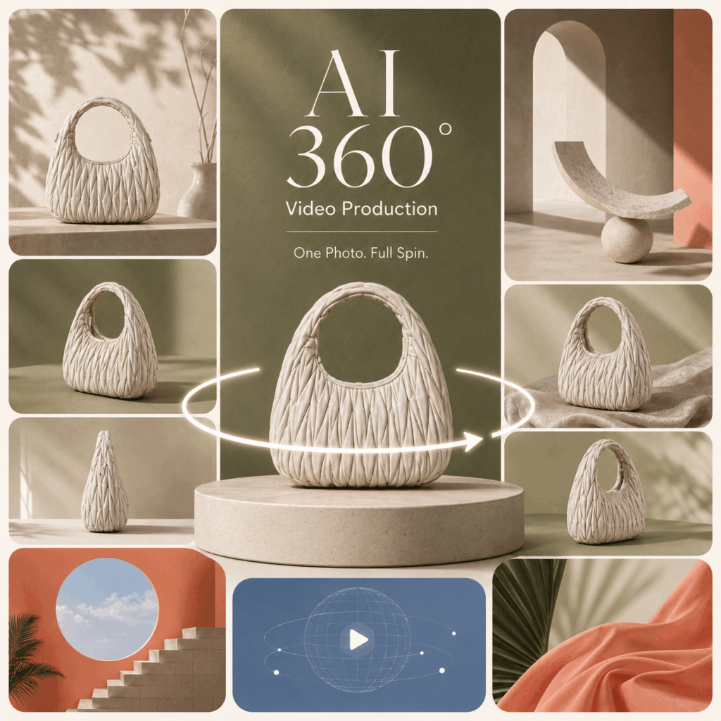 AI 360 Video Production collage showing a sculptural handbag from multiple angles with a glowing 360-degree rotation arc, product video panels, and soft editorial backgrounds.