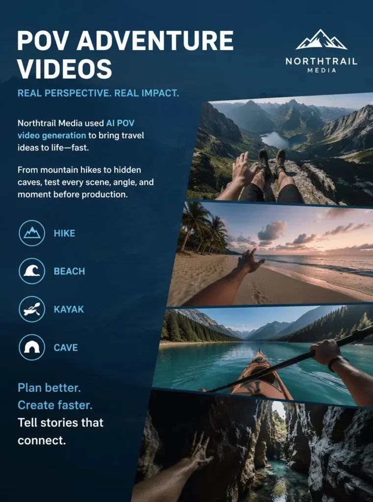 First-Person POV Video Generator examples featuring immersive hiking, beach, kayaking, and cave adventure scenes from the viewer’s perspective.