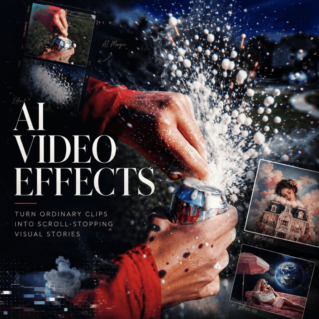AI Video Effects Generator Hero Image – WeShop AI Blog AI Video Effects Generator hero image with soda splash, cinematic particles, and creative video effect frames.