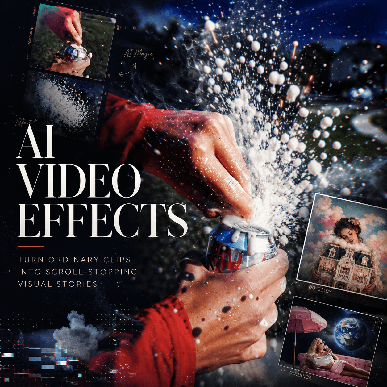 AI Video Effects Generator hero image with soda splash, cinematic particles, and creative video effect frames.