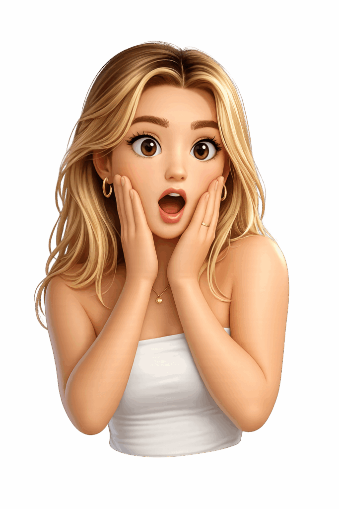 A smooth 3D emoji character of the same blonde woman showing a surprised expression with wide eyes and hands on her face.
