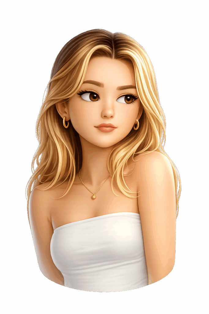 A smooth 3D emoji character of the same blonde woman showing a suspicious expression with a sideways glance.