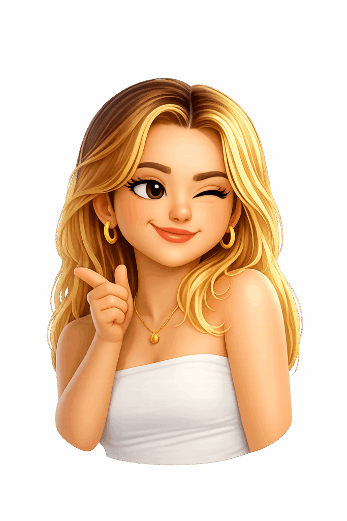 A smooth 3D emoji character of the same blonde woman showing a confident knowing smile with a playful wink.