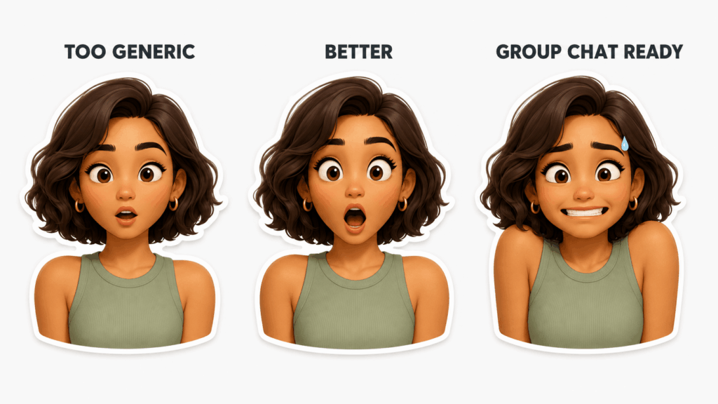 A three-panel comparison showing the same 3D emoji character with a generic surprised expression, an improved emotional reaction, and a group chat ready awkward expression.